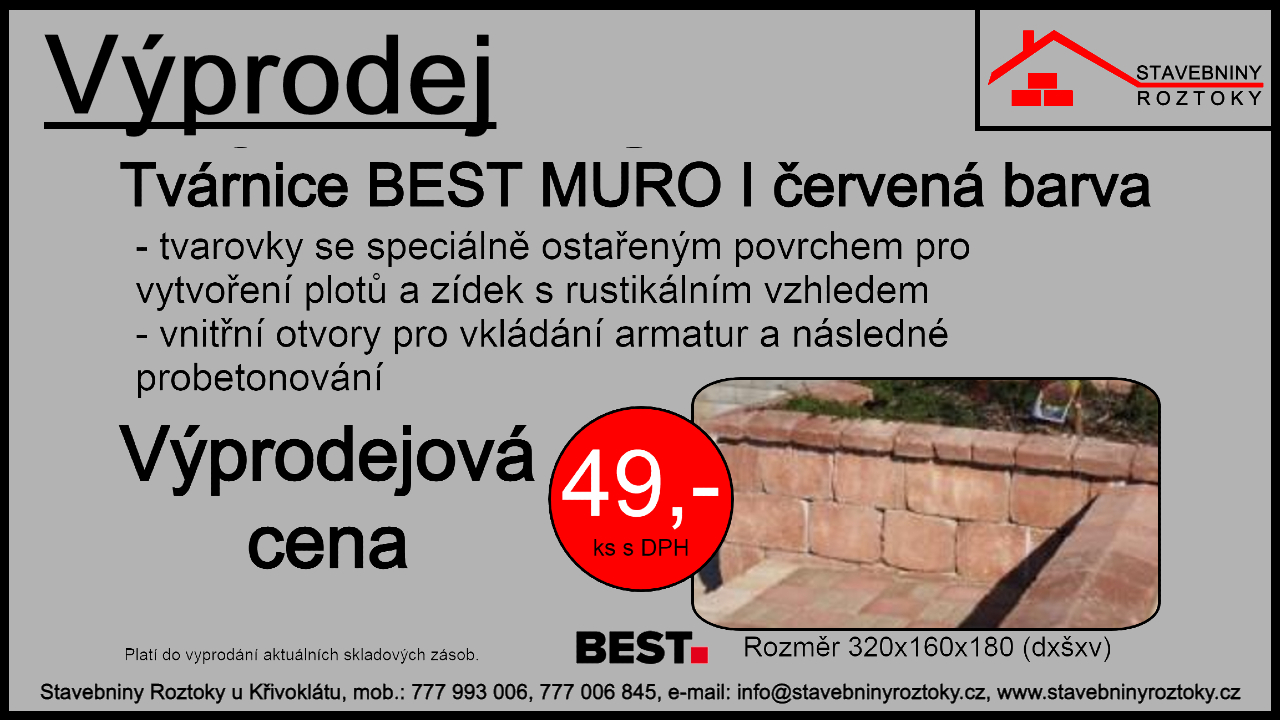 Výprodej betonových tvarovek s ostařeným povrchem BEST MURO I v červené barvě. Výprodejová cena 49,-kč/ks.