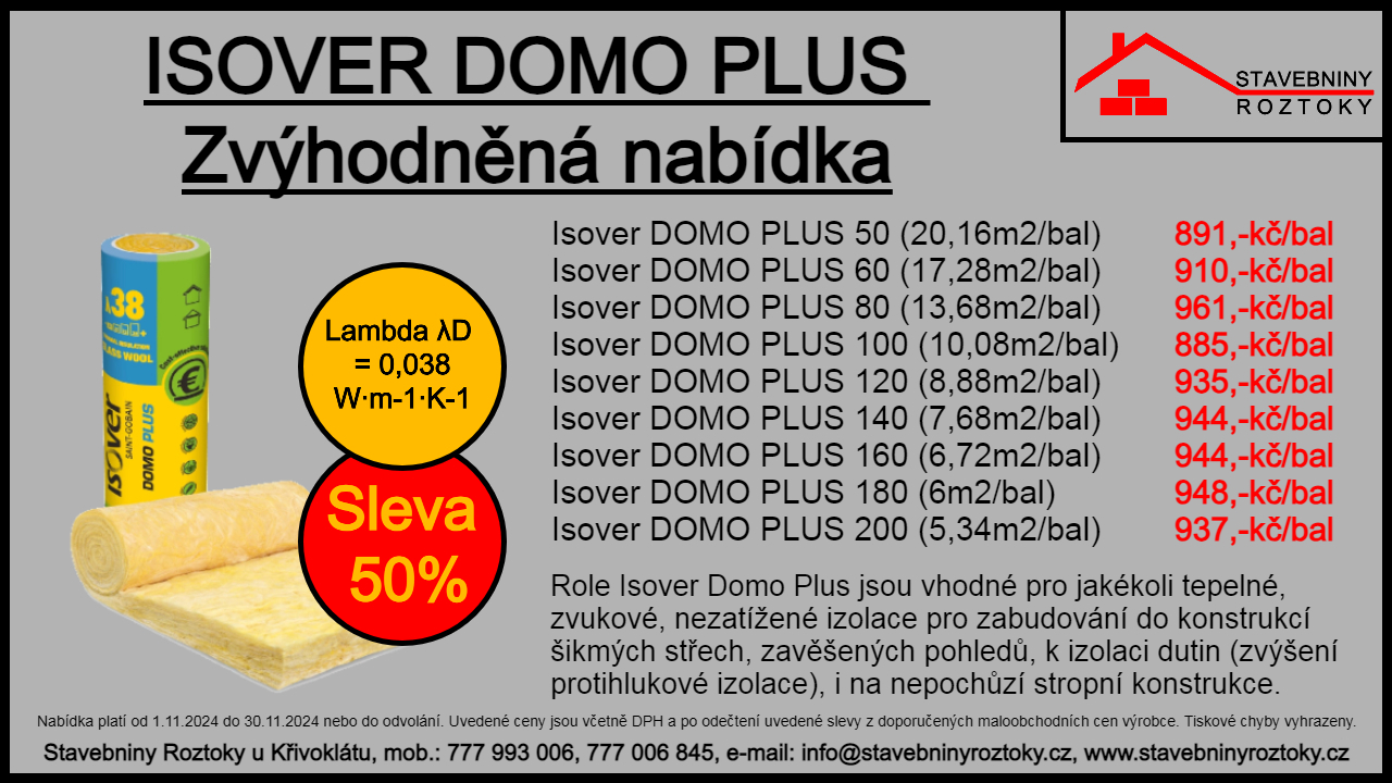 Isover DOMO plus za atraktivní cenu ve Stavebniny Roztoky