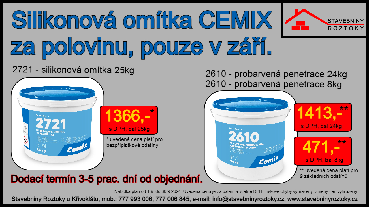 Akční nabídky silikonová omítka CEMIX - stavebniny Roztoky